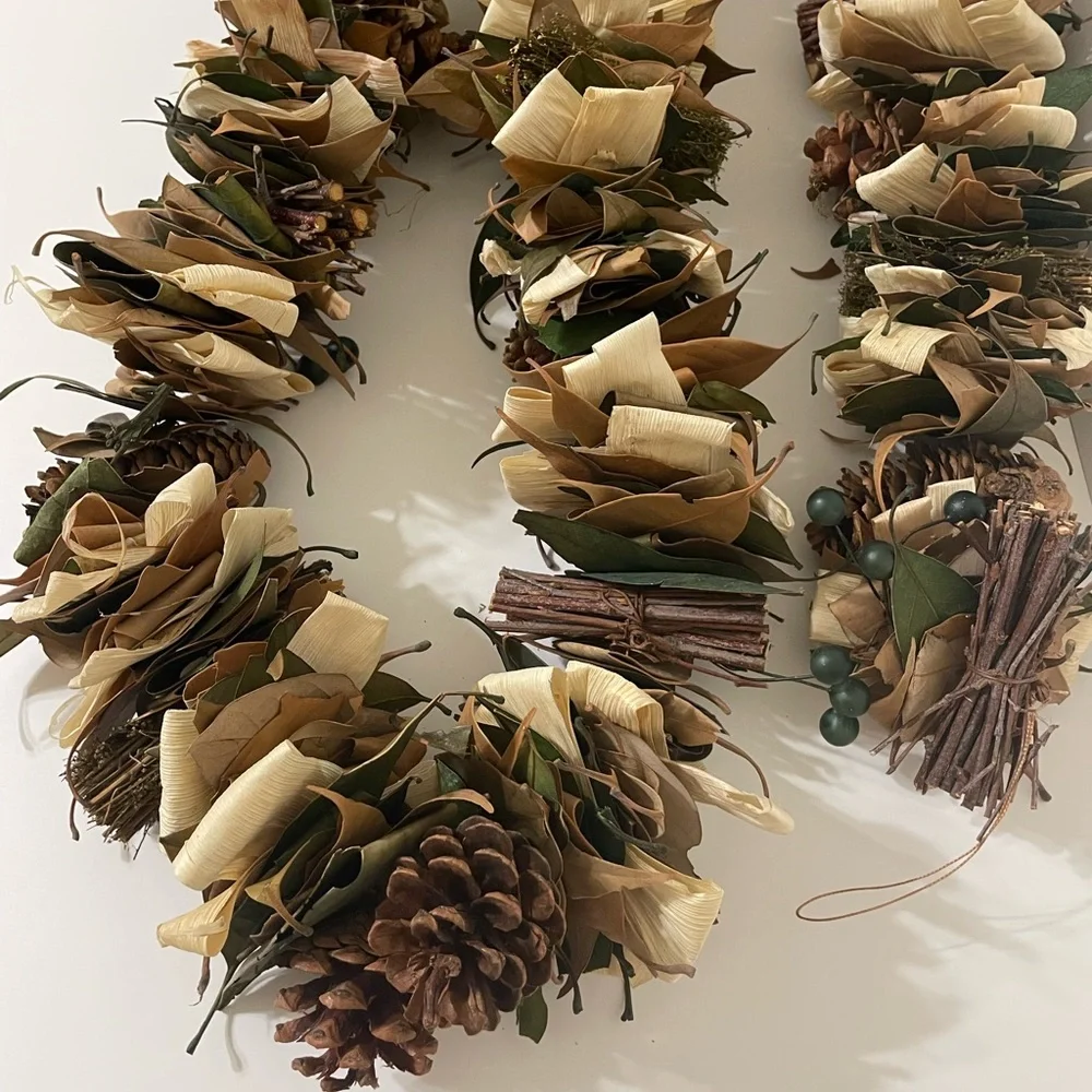 Fall Dried Leaves Pinecones Corn Husks Green Berries Garland 70” Cottage Farm